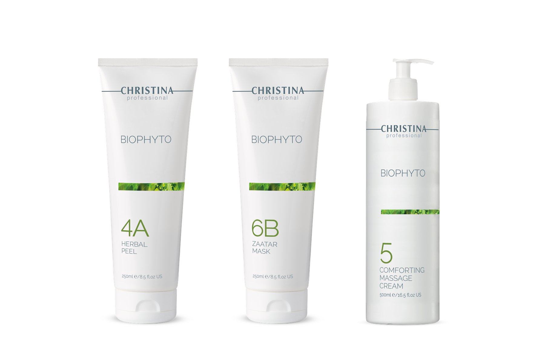 Bio-Phyto-Kabinengebinde auf weißem Grund: Herbal Peel, Zaatar Mask und Comforting Massage Cream