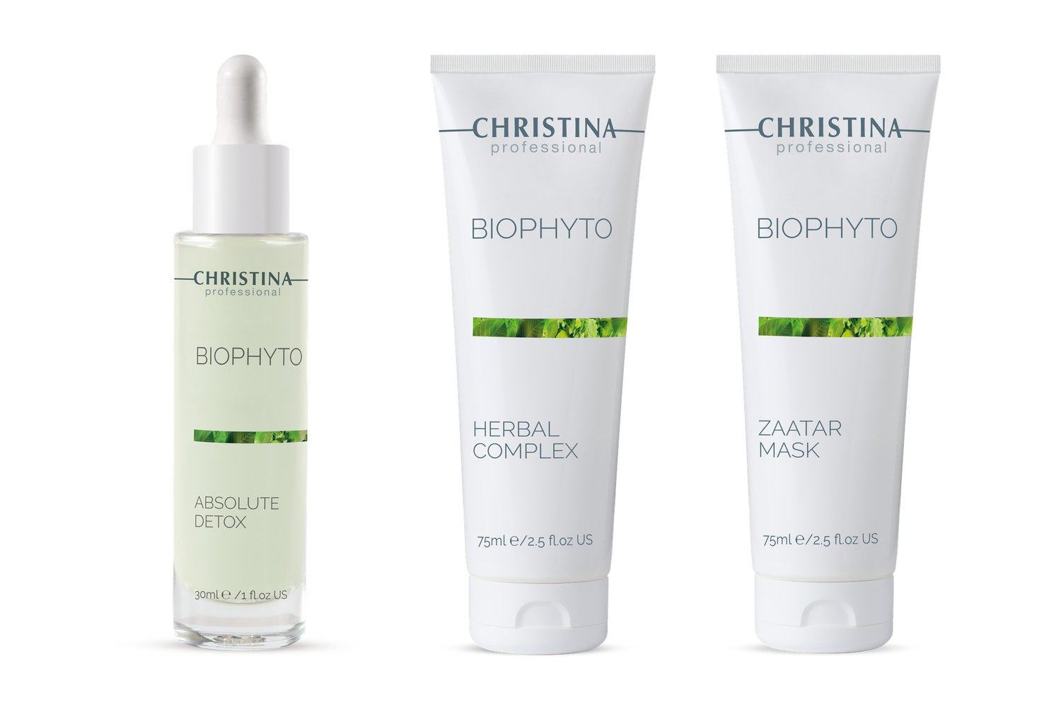 Bio-Phyto-Produkte von Christina Professional auf weissem Grund: Absolute Detox, Herbal Complex, Zaatar Mask