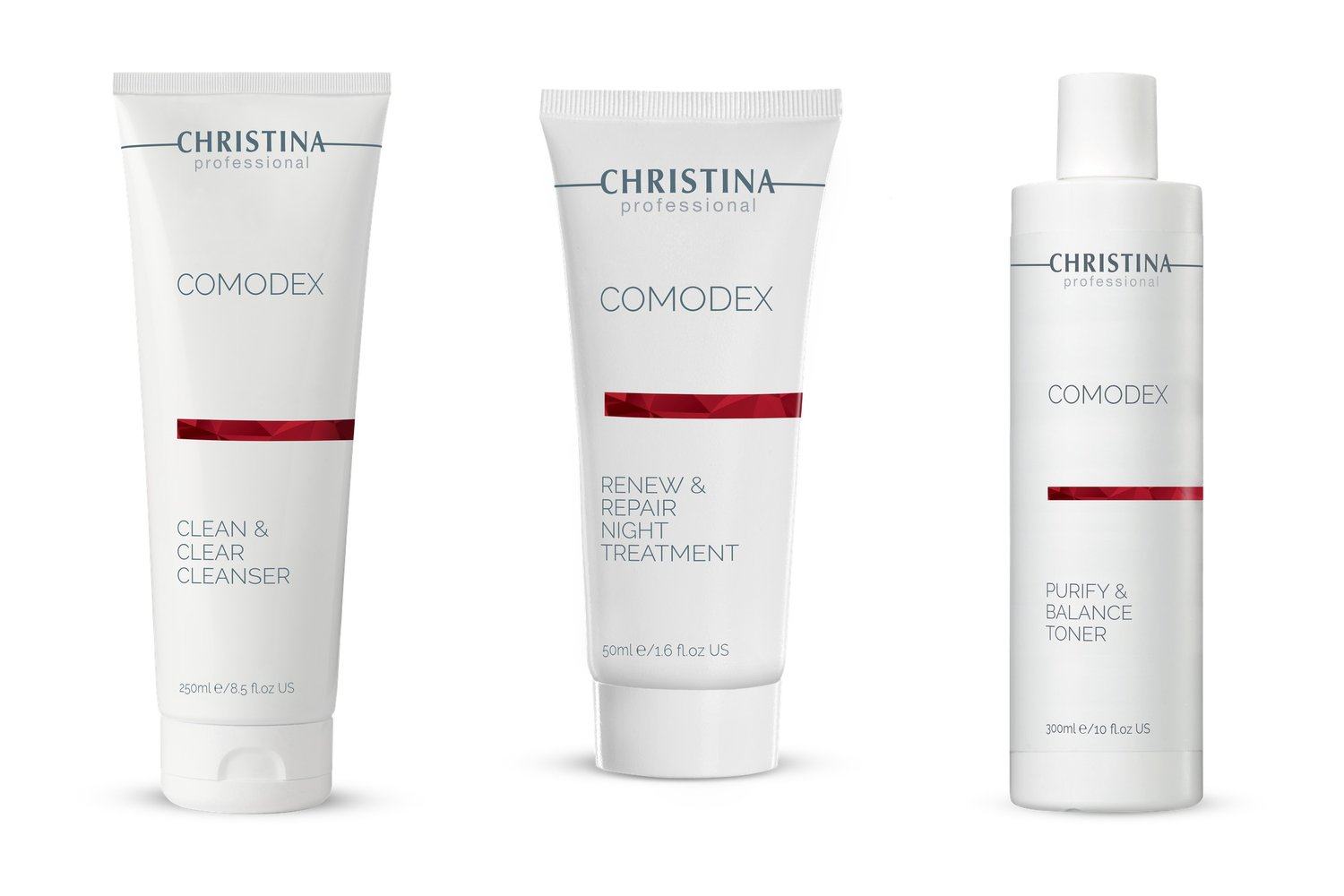Christina Comodex — Produktauswahl der Linie auf weißem Grund