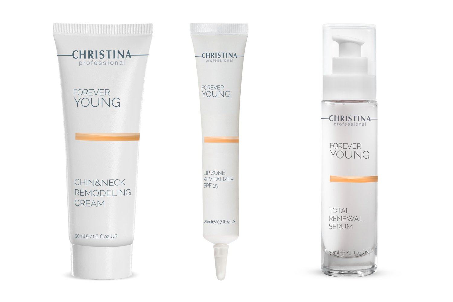 Christina Forever Young — Produktauswahl der Linie auf weißem Grund