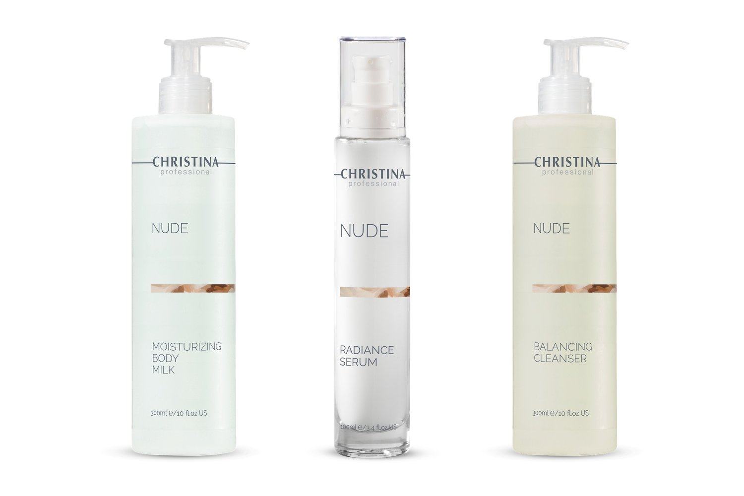Christina NUDE — Produktauswahl der Linie auf weißem Grund